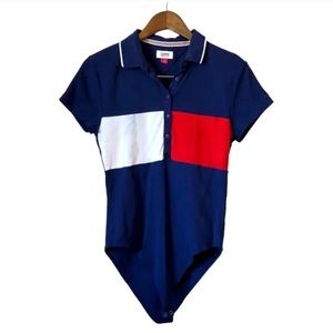 Tommy Hilfiger Colour Block Collared 1/4 Button Down Short Sleeve Bodysuit Blue